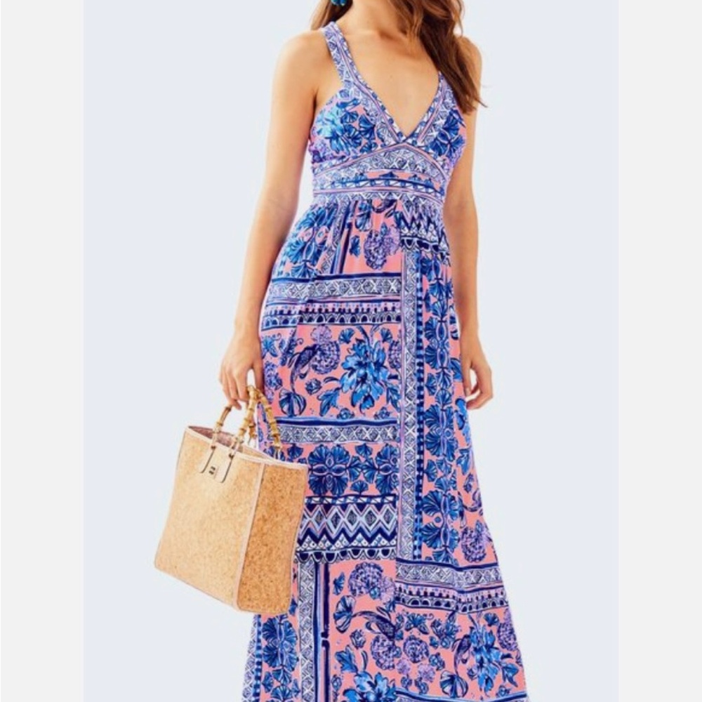 Lilly Pulitzer Coral and Blue Printed V-Neck Maxi Dress